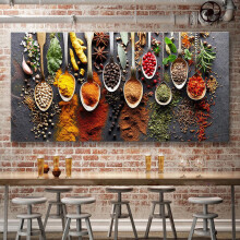 Kitchen Wall Art Decor - Colorful Spices and Spoon Kitchen Artwork Frames Food Wall Art Pictures Canvas Dining Room Modern Decorations