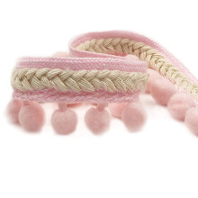 Rouleau de tissu d'ameublement avec franges à pompons pour rideaux et ruban tressé pour couture - Rose