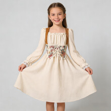 Girls Princess Dress Long Sleeve Bubble Sleeves Lace Trim with Bow Tie and Floral Print Elegant Princess Style