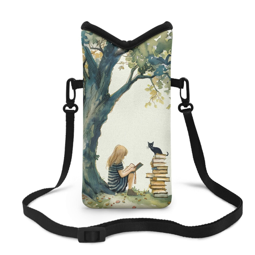 Neoprene Phone Pouch With Top Opening & Hook-And-Loop Â 4X8", Crossbody Purse, Cat/Book Tree Design Black 9027700622111