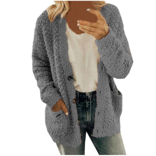 Γυναικείο Casual Plus Size Πλούσιο Πουλόβερ με Τσέπες, Κουμπιά, Ζακέτα, Παλτό, Ροζ 2
