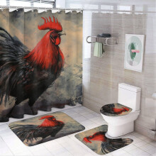 Rooster Shower Curtain Set (4pc) with Rug, Toilet Cover & Bath Mat – Farmhouse Chicken Theme, Waterproof & Durable, Compatible with Standard Baths