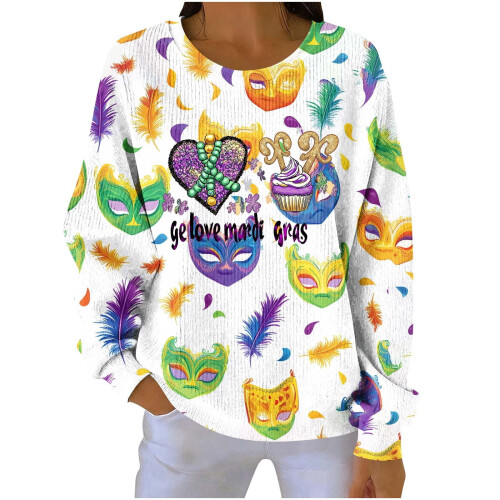 Women's Carnival Print Ribbed Knit Pullover Top Long Sleeve 1