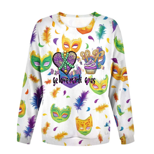 Women's Carnival Print Ribbed Knit Pullover Top Long Sleeve 2