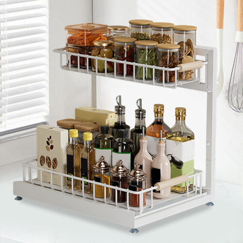 Adjustable Floor-Standing Kitchen Sink Shelf, Multi-Functional Storage Rack for Kitchen & Bathroom, Space-Saving Durable Metal Frame with Pull-Out 2