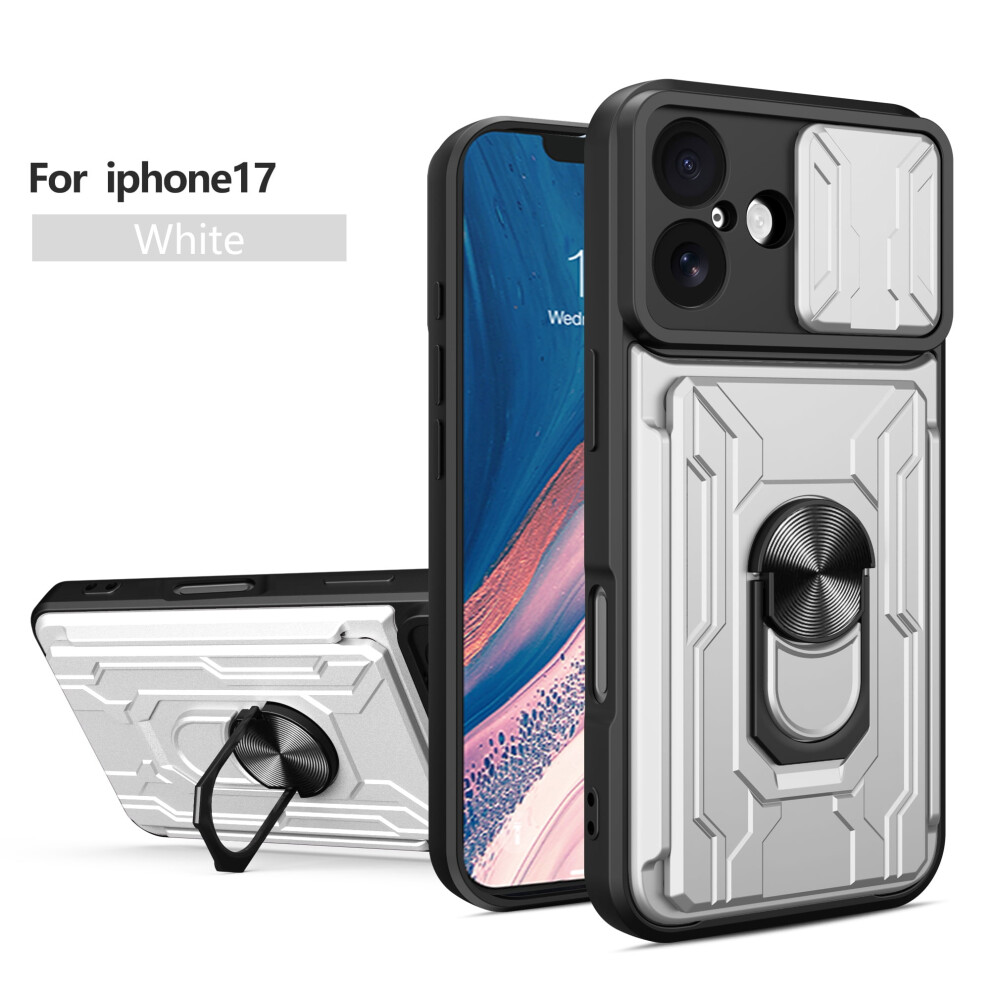 Iphone 17 Case With Card Holder, Slide Lens Cover, Shockproof Dual-Layer Protection & Ring Kickstand Â White 9170372324910