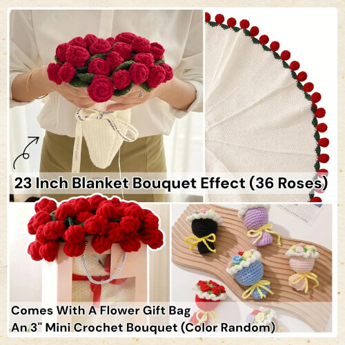Knitted Rose Flower Blanket Handmade Crochet Throw 1