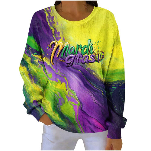 Women's Carnival Print Ribbed Knit Pullover Top Long Sleeve 1