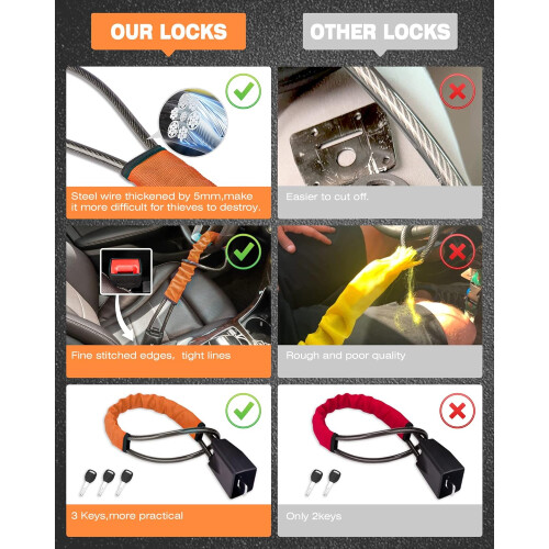 Anti Theft Steering Wheel Lock with 3 Keys, Orange, Key Lock Type 2