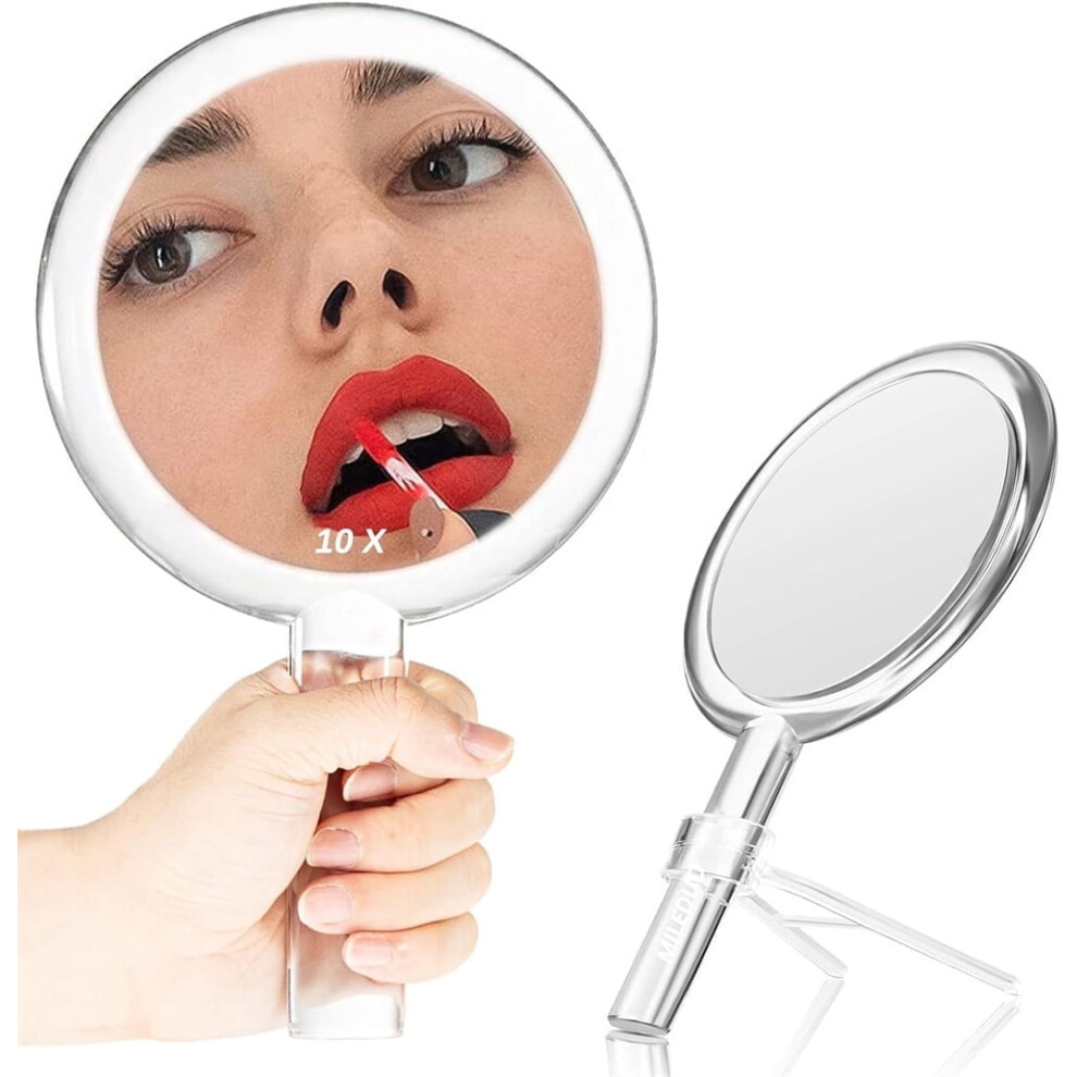 Triani Double Sided 10X Magnification & True Image Hand Held Makeup Mirror Clear Adjustable Round Shape Elegant Travel Mirror with Removable Stand