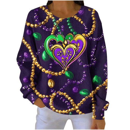 Women's Carnival Print Ribbed Knit Pullover Top Long Sleeve 1