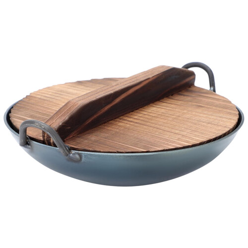 Topbathy Μίνι Αμφορέας Wok για το Σπίτι, Σφυρήλατο Σίδερο με Ξύλινο Καπάκι 1 Σετ