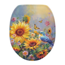 Funda de asiento de inodoro alargada con diseño de girasol y colibrí, suave.