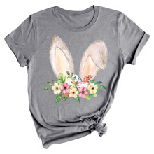 T-shirt oversize pour femme, motif lapin et fleurs, gris, col rond, manches courtes – Parfait pour Pâques
