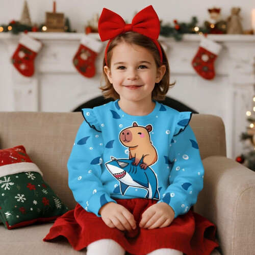 Kids Ruffle Long Sleeve Sweatshirt Shark Capybara Design 2