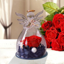 Figurine d'ange en verre avec rose préservée – Cadeau idéal pour la Saint-Valentin, un anniversaire ou la fête des mères, parfait pour une