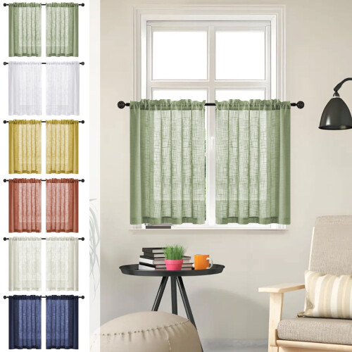 Linen Sheer Curtains Green 30x25in 2 pcs