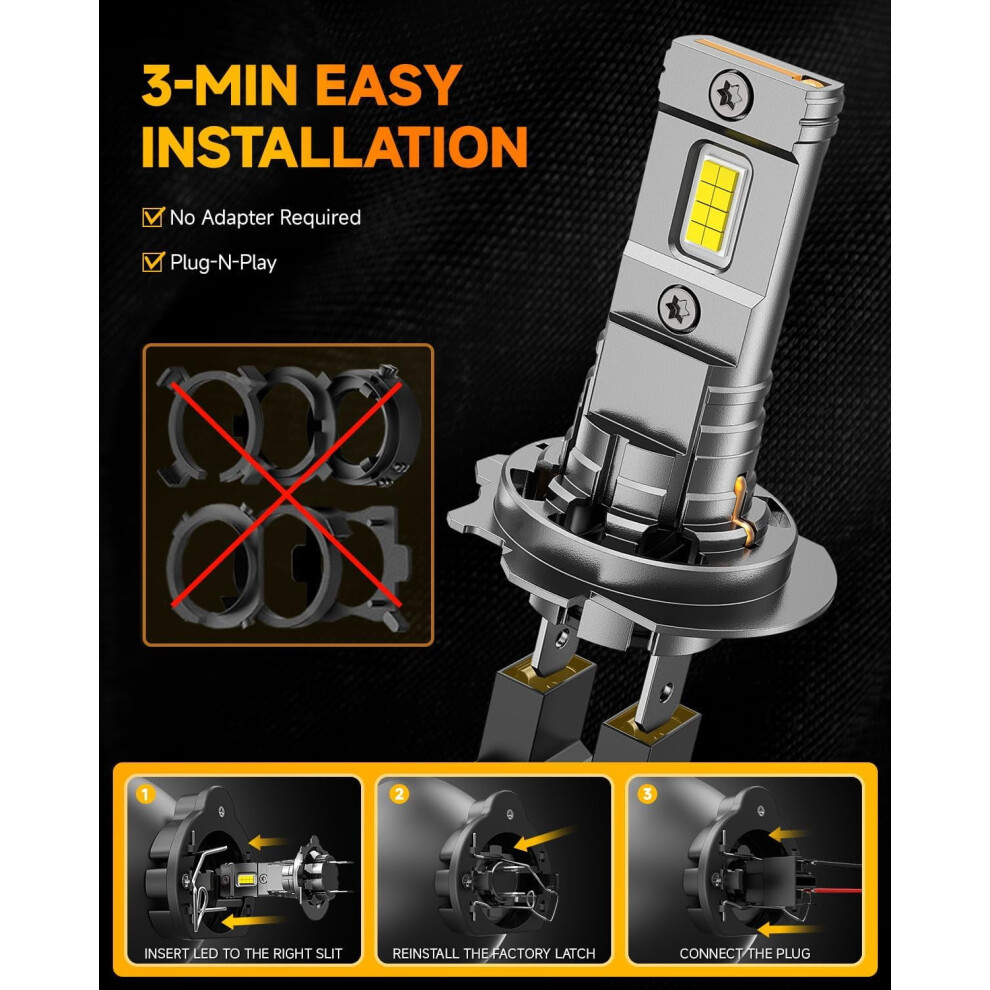 H7 Bulbs 6500K 28000Lm, 700% Bright, Mini Size W/ Fan, Non-Polarity, No Adapter, Canbus Ready, Ip68, Pack Of 2 White 9065194425887