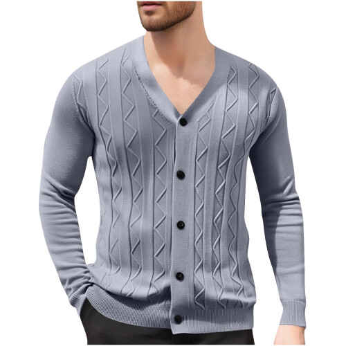Ανδρικό Μονόχρωμο Πλεκτό Ζακέτα με V-Neck, Σχέδιο Ζακάρ, Μακρυμάνικο Πουλόβερ, 1