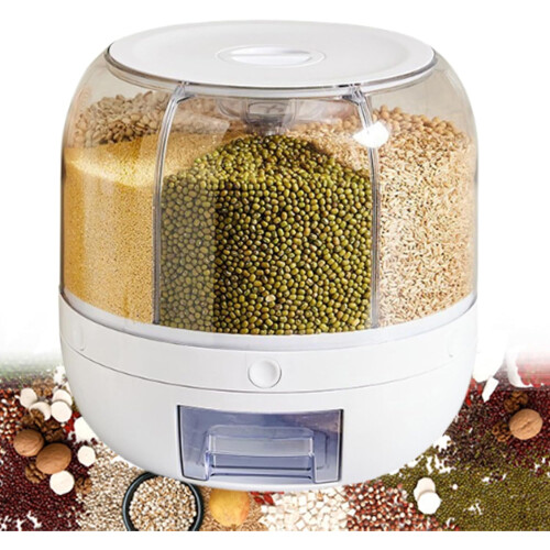 Graandispenser met deksel, 6 compartimenten, 360 draaibaar.