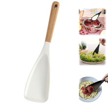 Cuchara de cocina antiadherente, silicona sin BPA con mango de madera, espátula de 30 cm para mezclar, recoger y raspar (blanca) – Compatible con