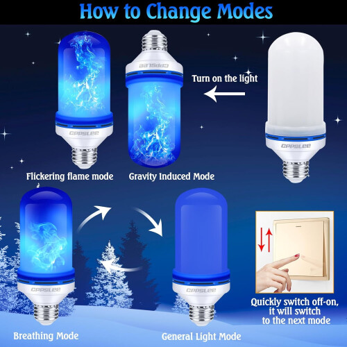 YesLED Flame Light Bulbs, 4 Modes, E26 Base, for Holiday/Patio/Indoor Decor – Compatible with E26 sockets (Blue, 4 Pack) 2