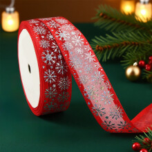 Rotes, glitzerndes Organzaband mit Schneeflockenmuster, 5 Yards