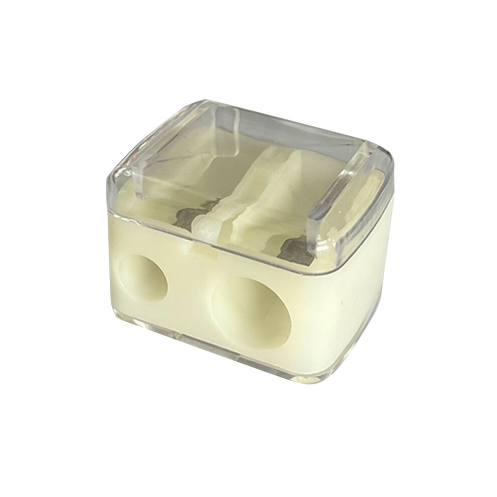 Dual-hole makeup pencil sharpener for lip/eyeliner/brow pencils, stainless steel blades, plastic cover, compatible with most cosmetic pencils