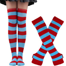 1 Set Womens Striped Knee High Socks Long Knitted Arm Warmers Fingerless Gloves for Halloween Costume (Socks+Gloves)