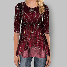 Women's O-Neck Half-Sleeve Printed Spliced Blouse Blue XXL