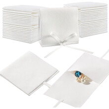 40pcs 8x8cm Microfiber Jewelry Pouches – Envelope Style with String, Divider & Bow Tie (White), Compatible with Bracelet/Necklace Packaging