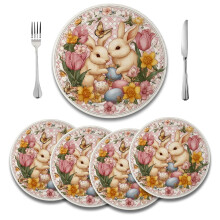 Happy Easter Round Placemats Set of 4,Spring Easter Funny Rabbit Table Place Mats Floral Decor 14 inch