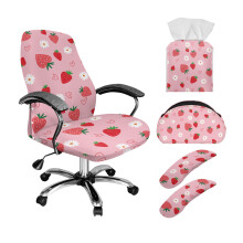5-Pc Office Chair Cover Set w/ Armrest Protectors, Remote Holder & Tissue Organizer – Strawberry Daisy Heart Print, L, compatible with standard