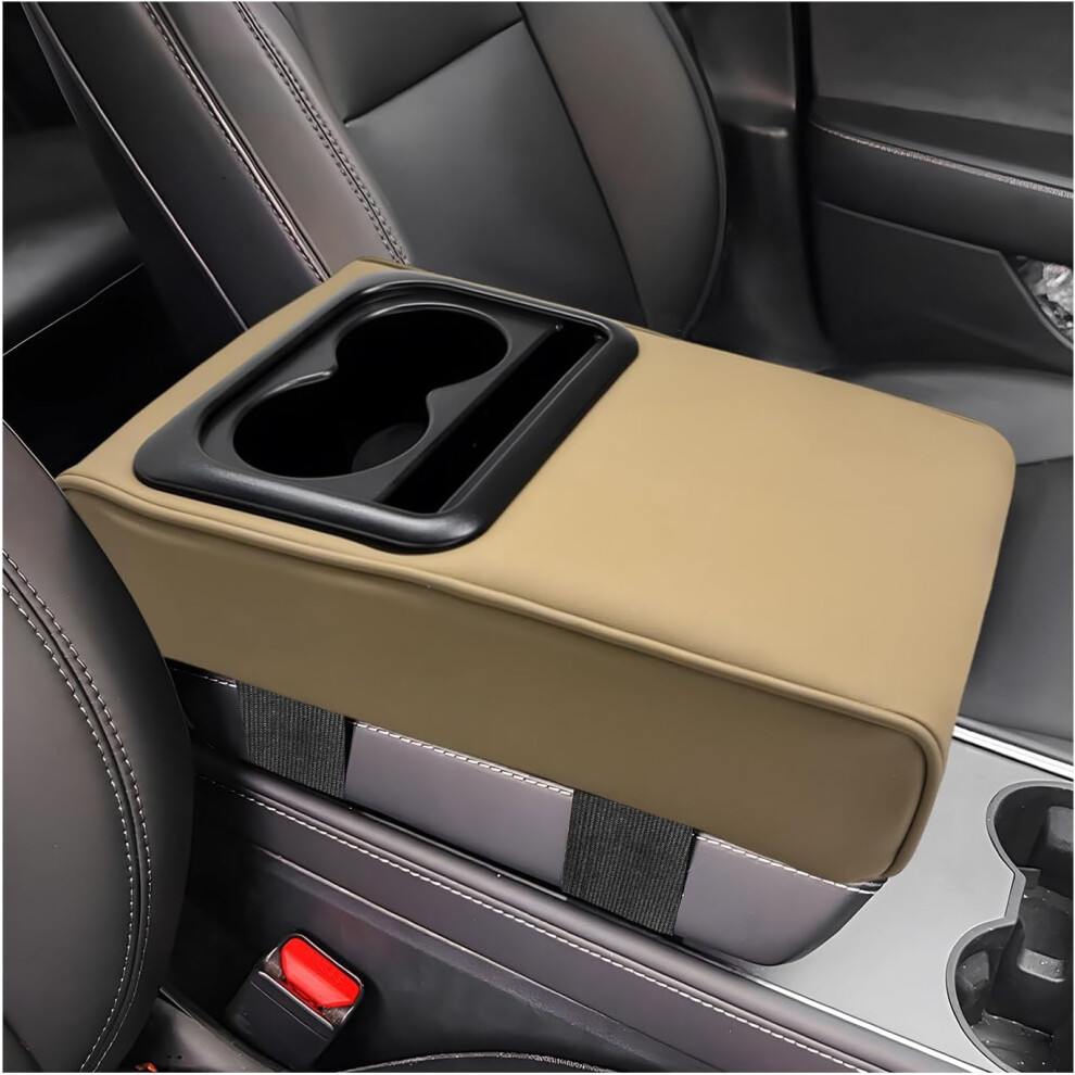 Memory Foam Car Armrest Pillow With Cup & Phone Holders, Waterproof Leather Cover Â Compatible With Most Vehicles Beige 9065194428642