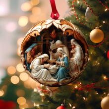 Christmas Nativity Ornament – 2D Flat with 3D Effect, Acrylic, Reusable Indoor/Outdoor, Round Xmas Tree Hanging Pendant, Birth of Jesus Gift