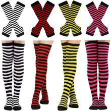 1 Set Womens Striped Knee High Socks Long Knitted Arm Warmers Fingerless Gloves for Halloween Costume (Socks+Gloves)
