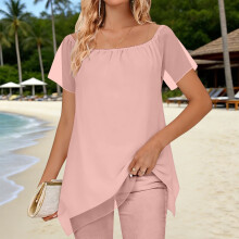 Women's Off-Shoulder Blouse Short Sleeve with Asymmetric Hem Elegant and Chic Style