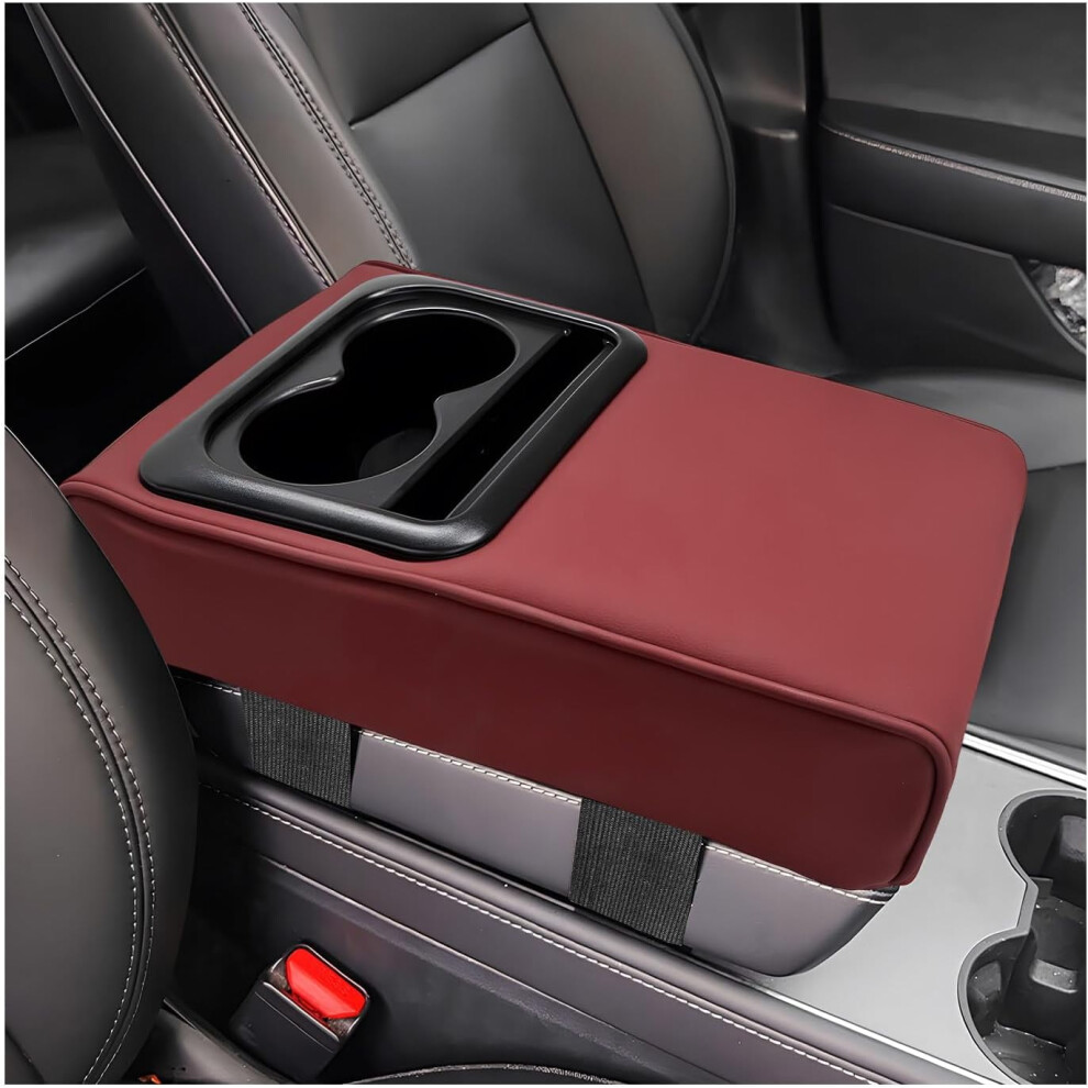 Memory Foam Car Armrest Pillow With Cup/Phone Holder, Waterproof Leather Cover Â Wine Compatible With Most Vehicles Red 9065194429342