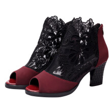 Summer Mesh Peep Toe Sandals Sexy Heels Single Shoes Women in Spring Pumps Gauze Mujer Platform Burgundy 43