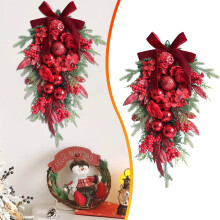 Upside Down Christmas Tree Ornament with Pinecones, Berries, Red Bows & Baubles – 24-Inch Inverted Door/Wall Decor