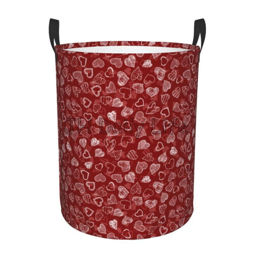 Red Love Hearts Print Laundry Hamper Large Foldable