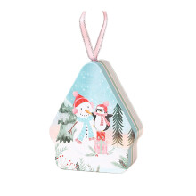 Christmas House-Shaped Cookie Tin, White Metal Storage Box with Lid, 3.3"x1.5"x4.1", for Cookies, Snacks, Chocolates & Gifts