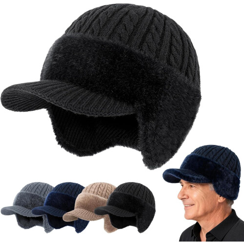Baseball Beanie Fur-Lined Warm Knitted Hat with Ear Flaps