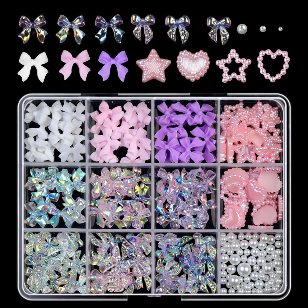 3D Nail Charms Kit: Bows, Spring Blossoms, Tiny Flowers, Hearts, Pearls â Mix Sizes, Flatback, Compatible with Acrylic Nails