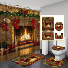 Christmas Fireplace Shower Curtain Set (4pcs) with Non-Slip Rug, U-Shape Mat, Lid Cover – Compatible with Standard Showers