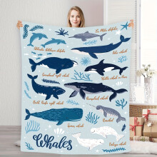 Soft Blue Whale Humpback Dolphin Ocean Theme Printed Flannel Blanket, Warm Fashionable Gift for Sofa Bed Office Travel All Seasons