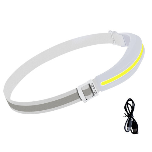 Lanterna de cabeça LED recarregável via USB-C com feixe ajustável.