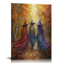Vintage Forest Witch Canvas Wall Art – Gothic Halloween Decor, Retro Horror Poster for Living Room, Bedroom, Bar (Framed)