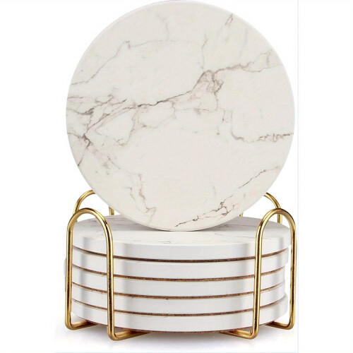 White Marble Coaster Set with Holder 6 Pieces