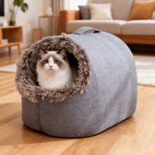 Hooded Cat Bed for Small Pets – Plush Warm Cave Nest,
